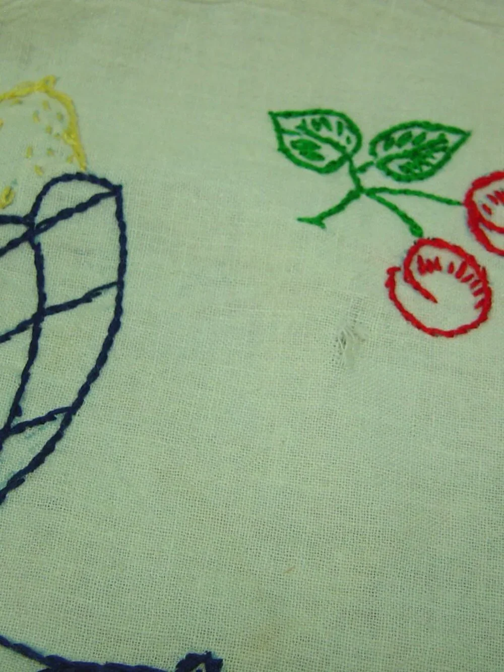 Vintage embroidered flour sack dish towel-fruit basket design